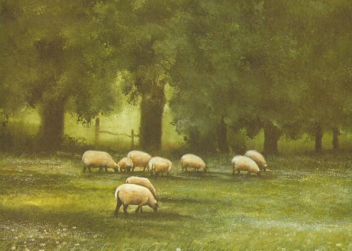 Sheep Greeting Card featuring the painting Sheep In The Meadow by Charles Roy Smith