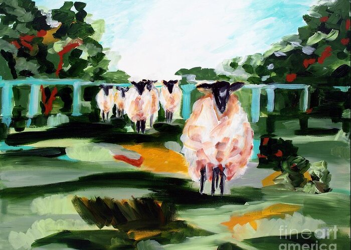 Abstract Landscape Greeting Card featuring the painting Sheeps by Lidija Ivanek - SiLa
