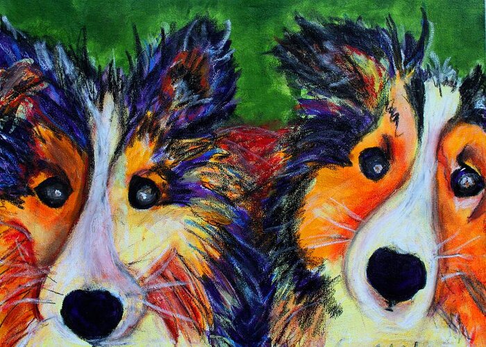 Sheltie Greeting Card featuring the painting Sheltie- Whisper and Secret by Laura Grisham