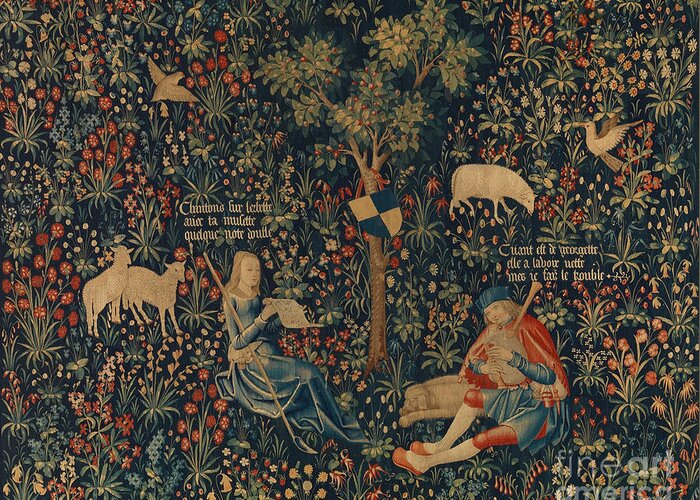 Netherlandish Greeting Card featuring the tapestry - textile Shepherd and Shepherdess Making Music by Netherlandish School