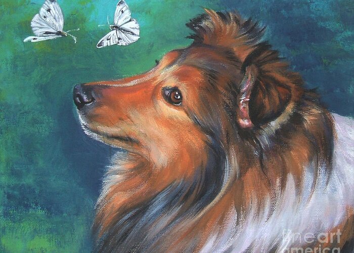Shetland Sheepdog Greeting Card featuring the painting Shetland Sheepdog and butterfly by Lee Ann Shepard