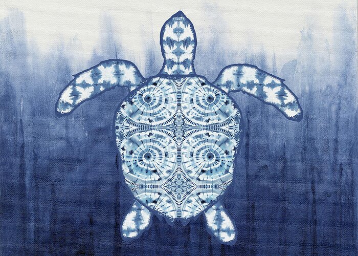 Shibori Greeting Card featuring the painting Shibori Blue 1 - Patterned Sea Turtle over Indigo Ombre Wash by Audrey Jeanne Roberts