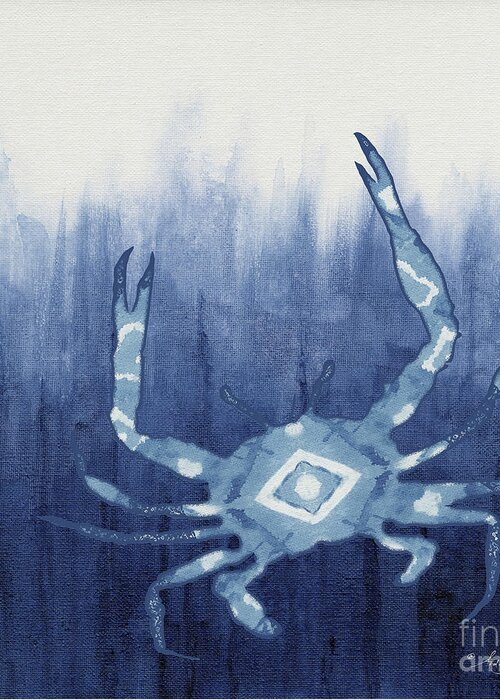 Blue Crab Greeting Card featuring the painting Shibori Blue 4 - Patterned Blue Crab over Indigo Ombre Wash by Audrey Jeanne Roberts
