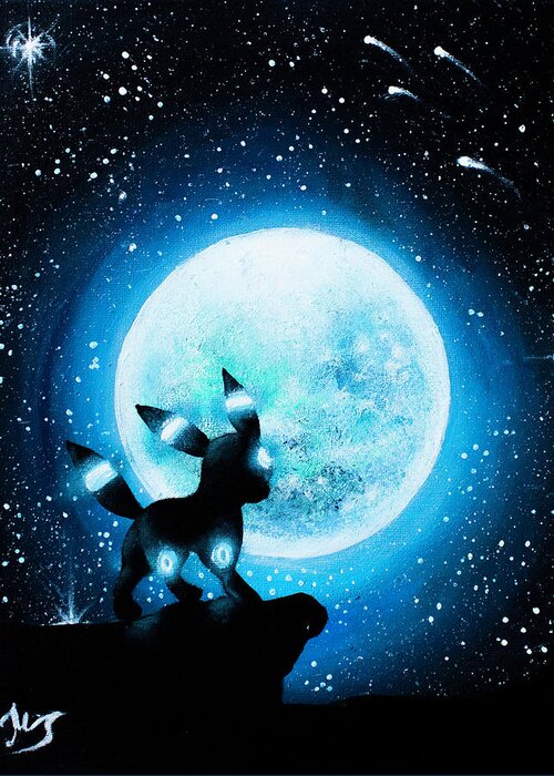 Umbreon Greeting Card featuring the painting Shiny Umbreon under the moon Painting by Magda Swinya