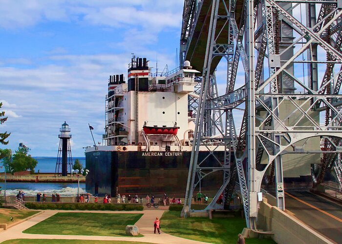 Ship Entering Harbor Under Lift Bridge Greeting Card featuring the photograph Ship Entering Harbor Under Lift Bridge by Bonnie Follett