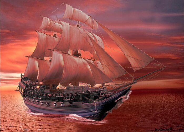Red Sunset Greeting Card featuring the digital art Ship Sails at Sunset by Glenn Holbrook