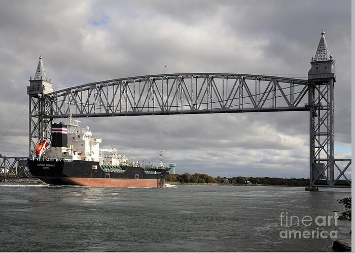 Bridge Greeting Card featuring the photograph Ship Under the Railroad Bridge on the Cape Cod Canal by William Kuta