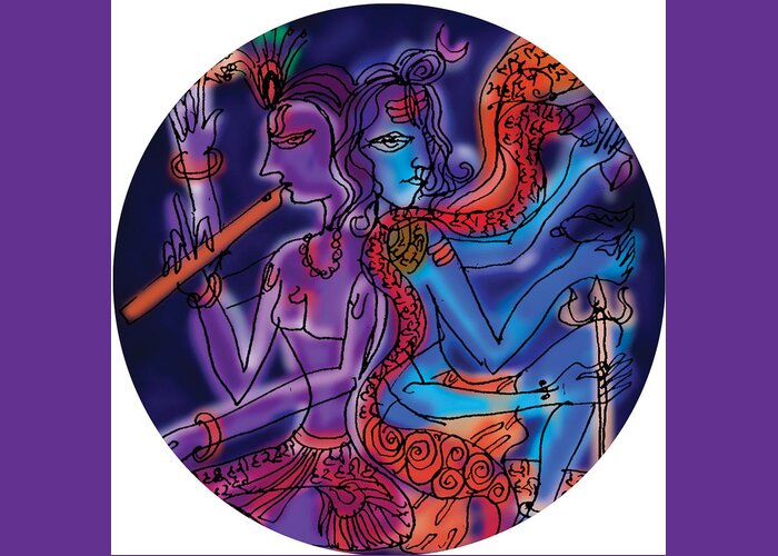 Shiva Greeting Card featuring the painting Shiva and Krishna by Guruji Aruneshvar Paris Art Curator Katrin Suter