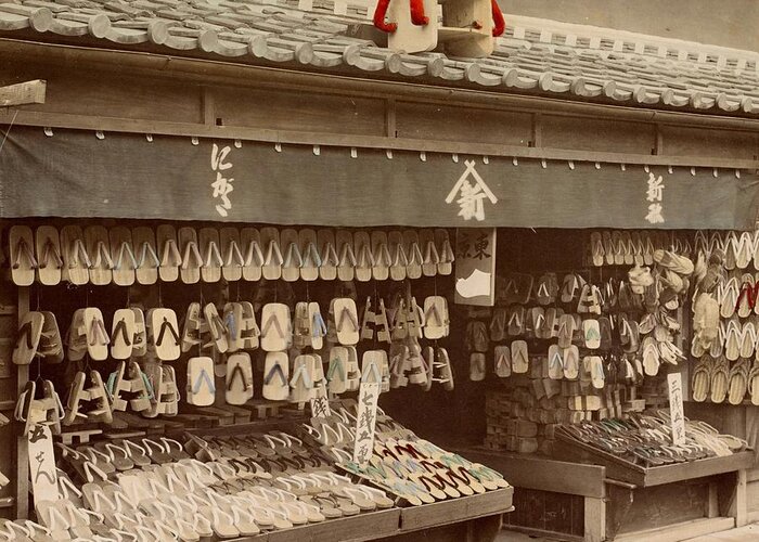 Shoe Store Greeting Card featuring the photograph Shoe store in Japan, ca. 1890 - 1894 by Vincent Monozlay