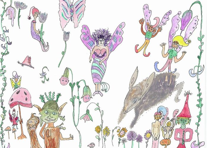 Rabbit Greeting Card featuring the painting Shoe Tree Rabbit and Fairies by Helen Holden-Gladsky