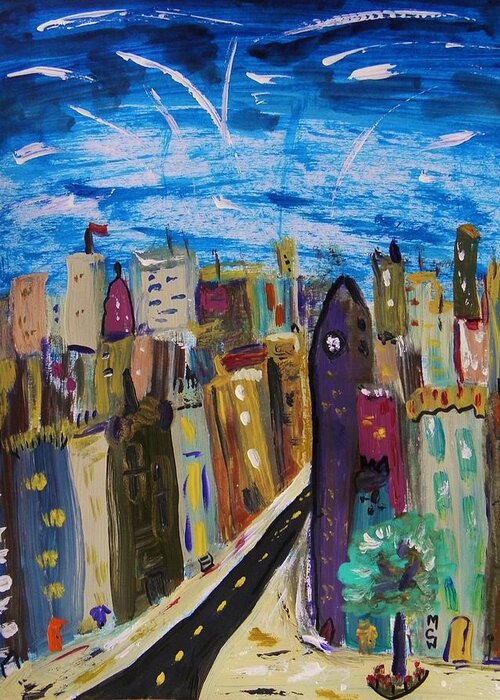 Acrylic Greeting Card featuring the painting Shooting Stars Over Old City by Mary Carol Williams