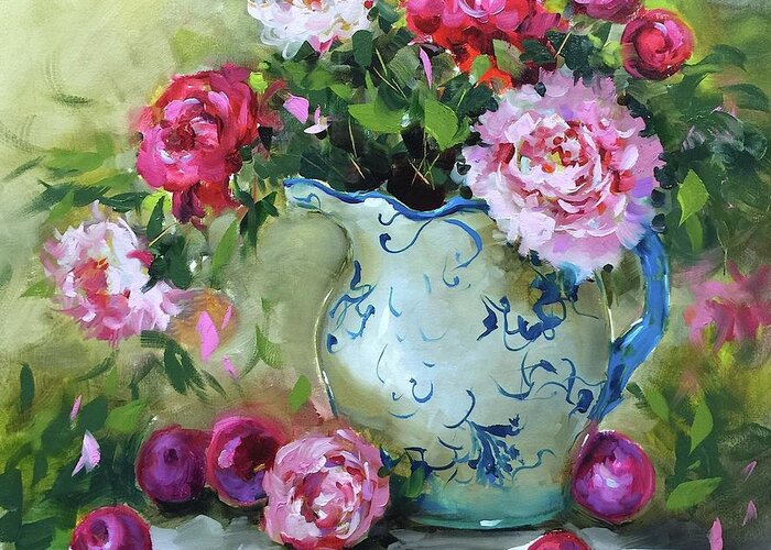 Flowers Greeting Card featuring the painting Shy Plums and Pink Peonies by Nancy Medina