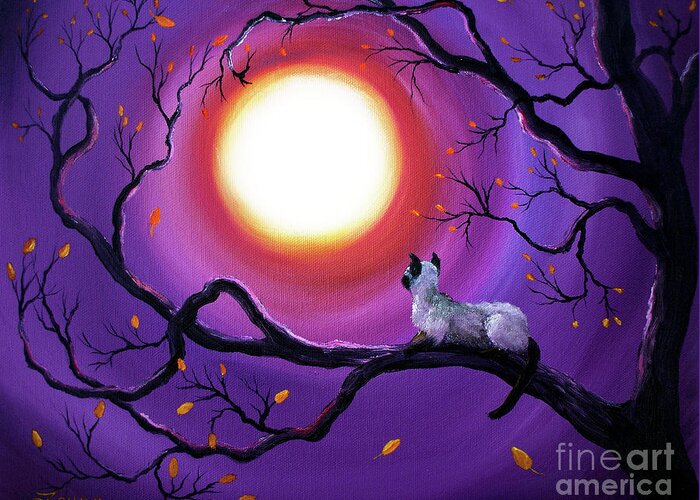Painting Greeting Card featuring the painting Siamese Cat in Purple Moonlight by Laura Iverson
