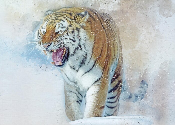 Amur Tiger Greeting Card featuring the digital art Siberian Tiger in snow by Brian Tarr