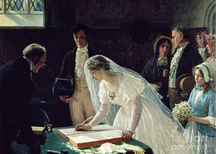 Edmund Blair Leighton - Signing The Register Greeting Card featuring the painting Signing the Register by MotionAge Designs
