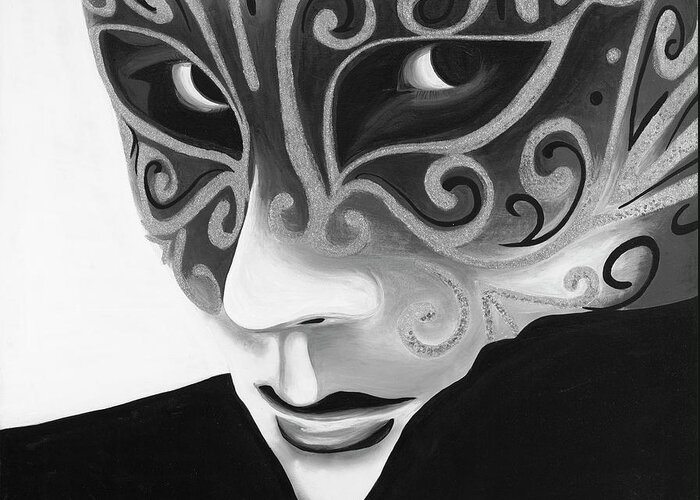 Carnival Greeting Card featuring the painting Silver Flair Mask - BW by Patty Vicknair