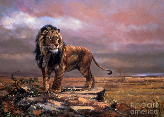 Lion Greeting Card featuring the painting Simba of the Plains by Silvia Duran