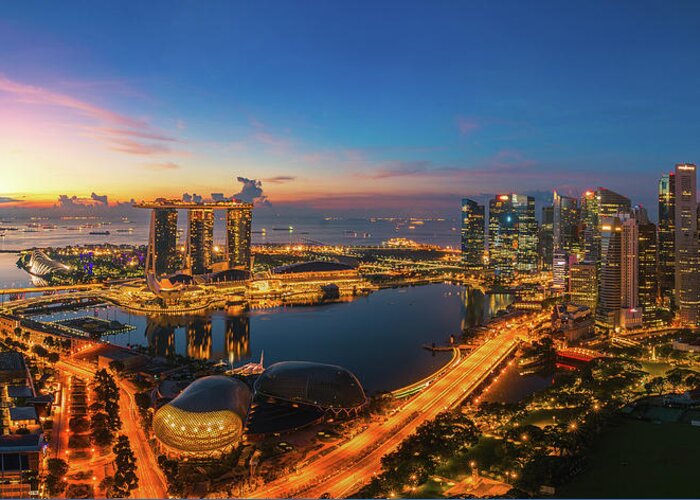 Singapore Greeting Card featuring the photograph Singapore city and sunrise by Anek Suwannaphoom