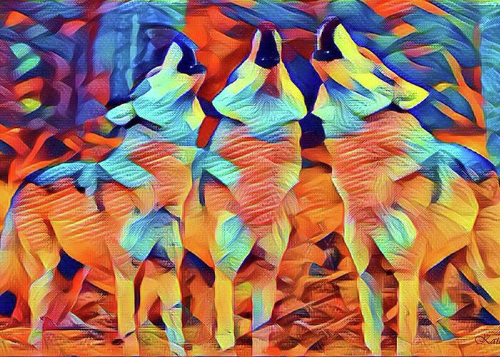 Wolves Greeting Card featuring the digital art Singing Red Wolves by Kathy Kelly