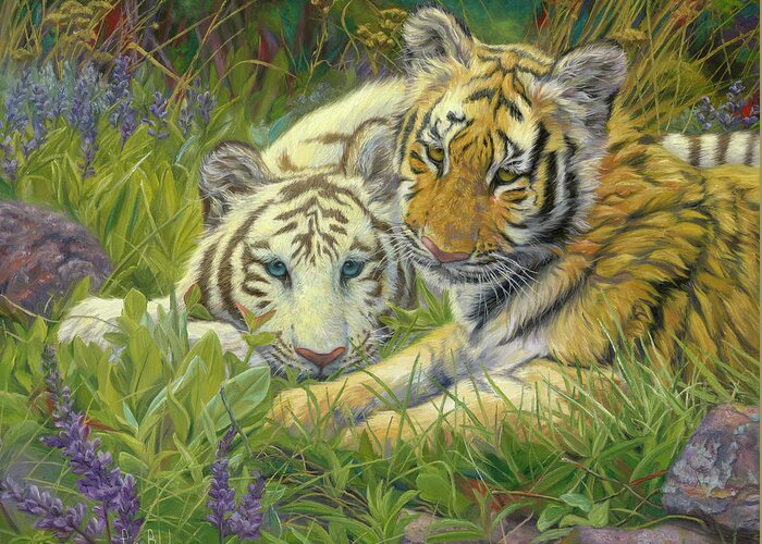 Tiger Greeting Card featuring the painting Sisters by Lucie Bilodeau