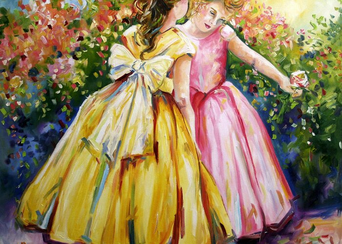 Girls Greeting Card featuring the painting Sisters Secrets by Laurie Pace