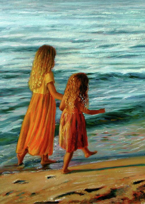 Young Sisters Greeting Card featuring the painting Sisters Walking by Marie Witte