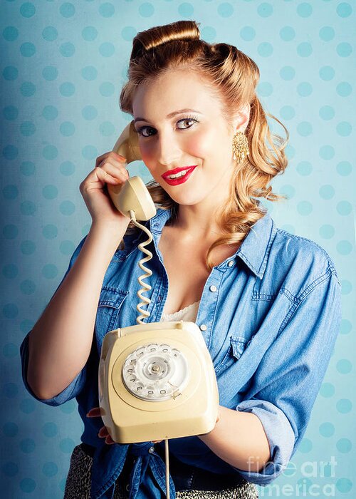 Office Greeting Card featuring the photograph Sixties Woman Holding Vintage Telephone Handset by Jorgo Photography