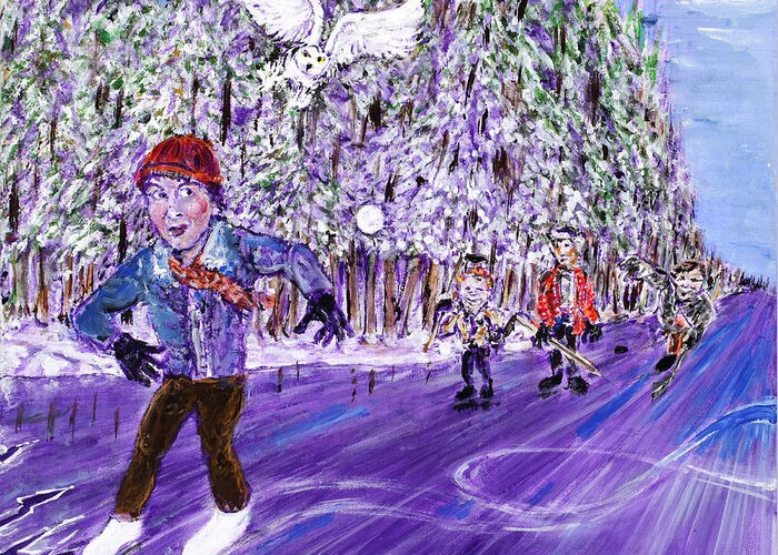 Skating Ice Figure Hockey River Newmarket Newhampshire Jonathanmorrill Childhood Memories 1970's Winter White Owl New England Frozen Greeting Card featuring the painting Skating On Thin Ice by Jonathan Morrill