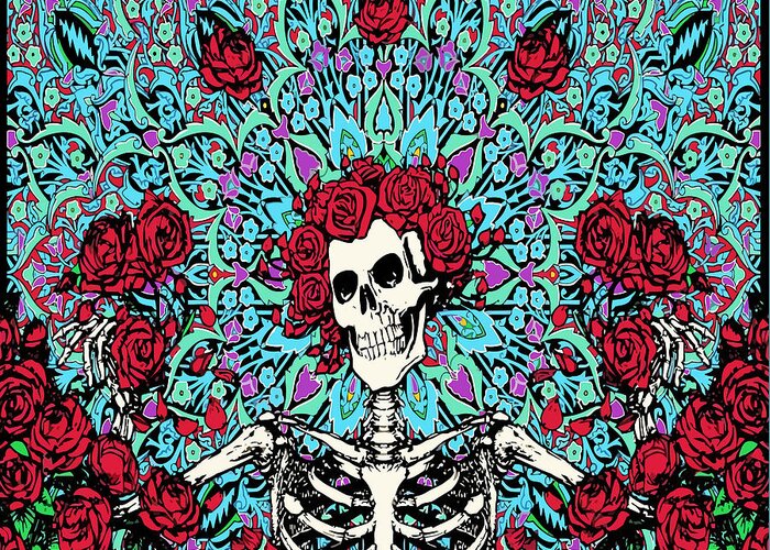 Grateful Dead Greeting Card featuring the digital art skeleton With Roses by Gd