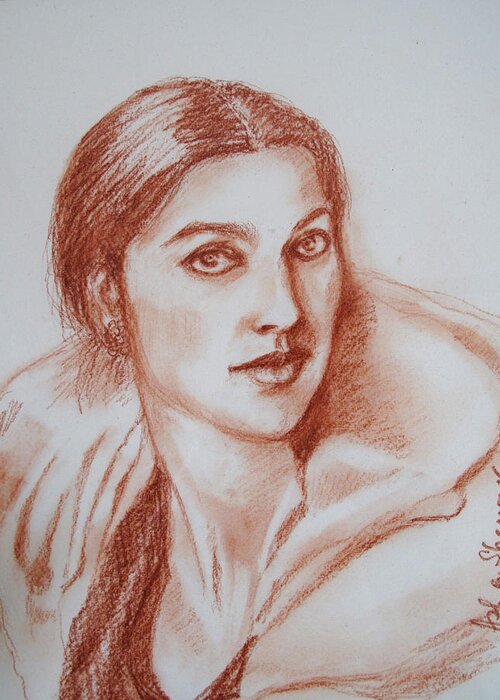 This Portrait Sketch Is Of Jhumpa Lahiri Greeting Card featuring the drawing Sketch in conte crayon by Asha Sudhaker Shenoy