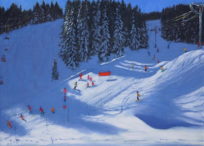 Snow Greeting Card featuring the painting Ski school Morzine by Andrew Macara