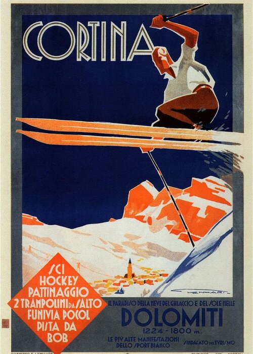 Skiing On The Alps Greeting Card featuring the painting Skiing on the Alps in Cortina - Ice Hockey Tournament - Vintage Advertising Poster by Studio Grafiikka
