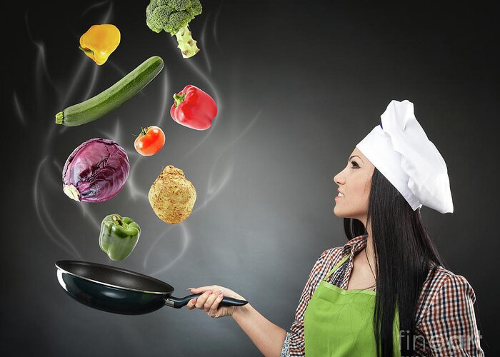Air Greeting Card featuring the photograph Skillful cook lady throwing veggies by Ragnar Lothbrok