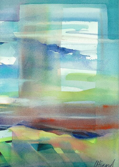 Utigard Watercolor Abstract Art Painting Modern Design Modular Strength Heal Empower Women Growth Spirit Form Color Line Texture Pattern Sky Window Green Blue Mountain Landscape Vision Rolling Hill Happy Peace Calm Vista Portrait Greeting Card featuring the painting Sky Window 1 by Carolyn Utigard Thomas