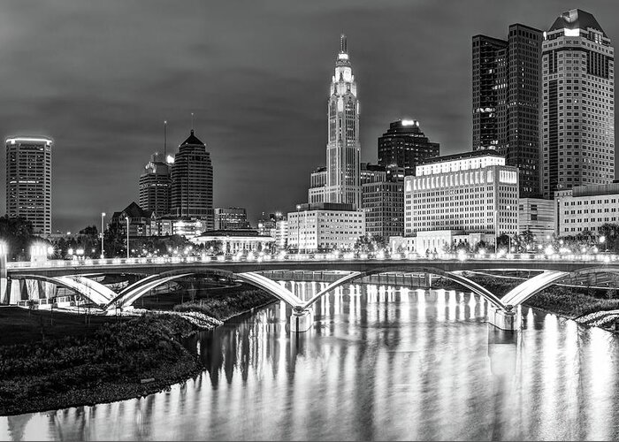 America Greeting Card featuring the photograph Skyline View of Downtown Columbus Ohio at Dusk - Black and White by Gregory Ballos