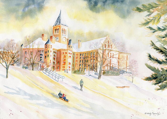 Sleeding On Libe Slope Greeting Card featuring the painting Sledding On Libe Slope - Cornell University by Melly Terpening