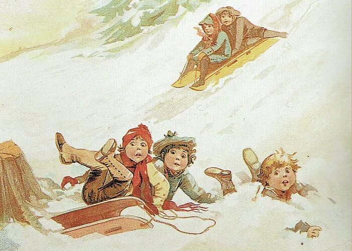 Frances Brundage Greeting Card featuring the painting Sledding by Reynold Jay