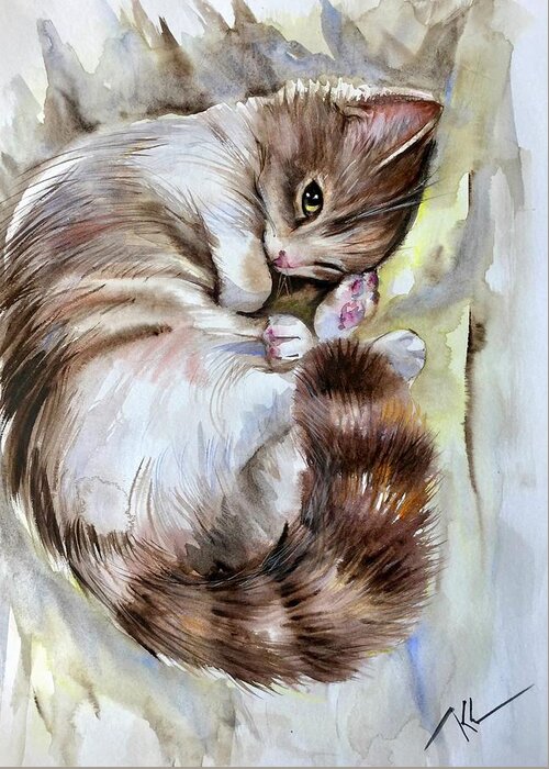 Animal Greeting Card featuring the painting Sleepy cat 2 by Katerina Kovatcheva