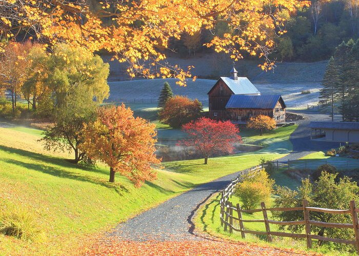 Autumn Greeting Card featuring the photograph Sleepy Hollow Farm Vermont Autumn Morning by John Burk