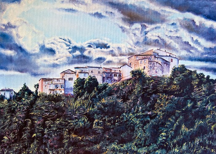 Skies Greeting Card featuring the painting Small Village by Michelangelo Rossi