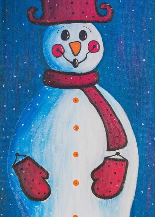 Snowman Greeting Card featuring the painting Smiley Snowman by Neslihan Ergul Colley