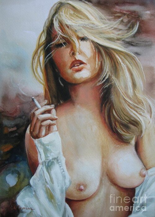 Wwoman Greeting Card featuring the painting Smoking woman by Elena Oleniuc