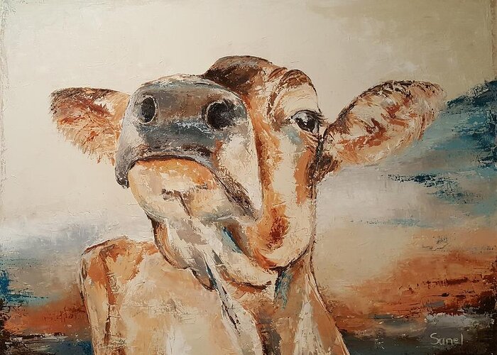 Cow Greeting Card featuring the painting Snooty Cow by Sunel De Lange