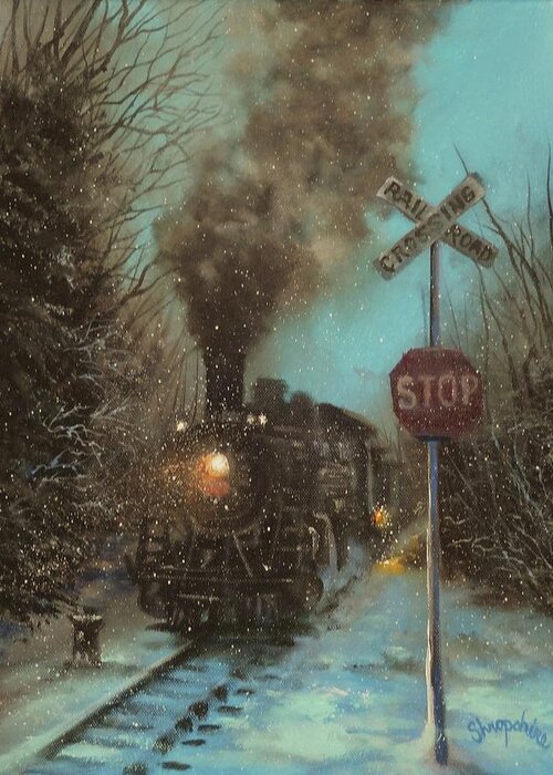 Steam Engine Greeting Card featuring the painting Snow and Steam by Tom Shropshire