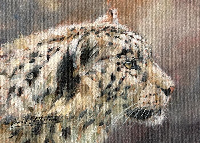 Snow Leopard Greeting Card featuring the painting Snow Leopard Study by David Stribbling