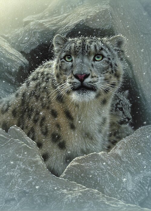 Snow Leopard Greeting Card featuring the painting Snow Leopard - The Fortress by Collin Bogle