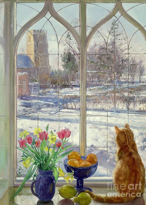 Cat Greeting Card featuring the painting Snow Shadows and Cat by Timothy Easton