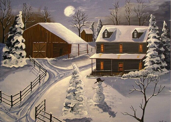 Folk Art Greeting Card featuring the painting Snow - Silence And Warmth by Debbie Criswell