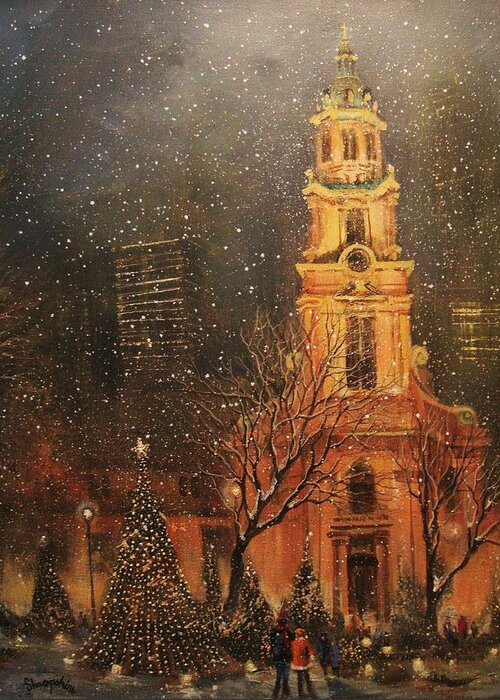 Cathedral Square Greeting Card featuring the painting Snowfall in Cathedral Square - Milwaukee by Tom Shropshire