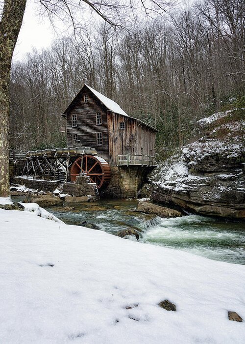 Glade Creek Grist Mill Greeting Card featuring the photograph Snowing at Glade Creek Mill by Steve Hurt